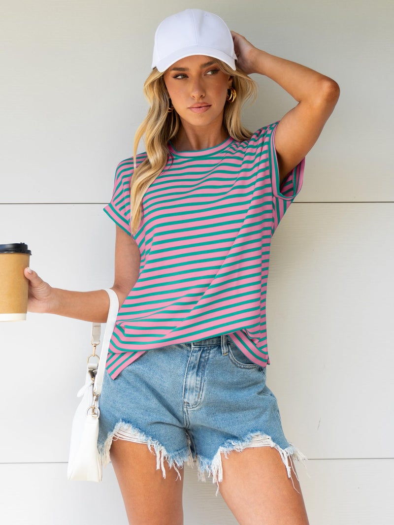 Glamaker Women Cap Sleeve Basic Tops Crewneck Striped Tee Shirts Summer Short Sleeve T-Shirt Casual Fashion Clothes 2026(Medium,Green Striped) - Image 2
