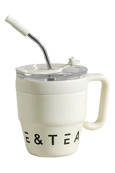 Mobcos Coffee Mug with Handle, 480ML Double-Wall Vacuum Travel Coffee Mug with Straw, Stainless Steel Insulated Tumbler Cup, Travel Coffee Cup Thermal Cup for Home and Office, Milky
