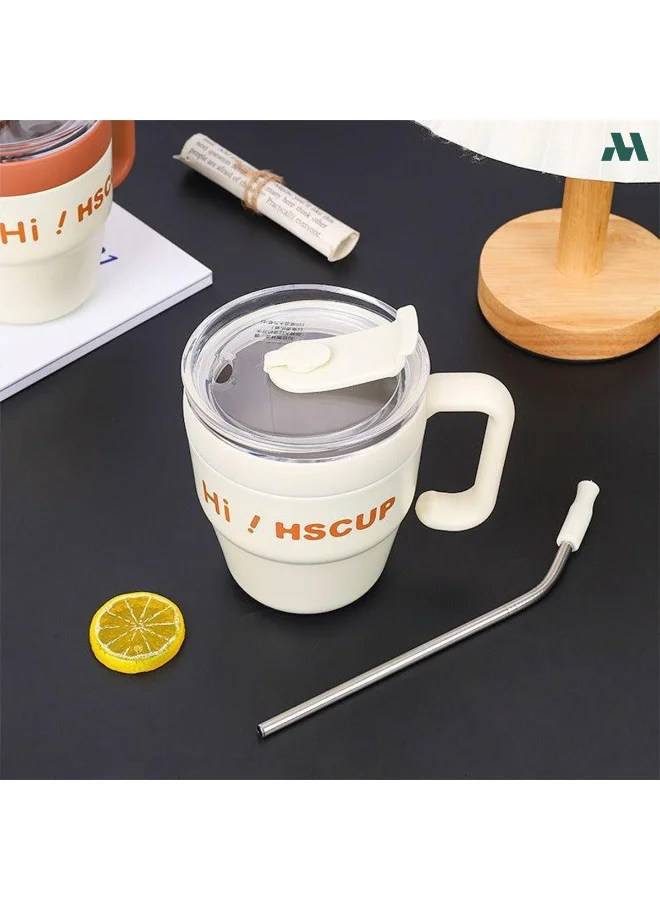 Mobcos White Coffee Mug 450ml Coffee Mug with Handle, 450ML Double-Wall Vacuum Travel Coffee Mug with Straw, Stainless Steel Insulated Tumbler Cup, Travel Coffee Cup Thermal Cup for Home and Office, White  | Best Price UAE