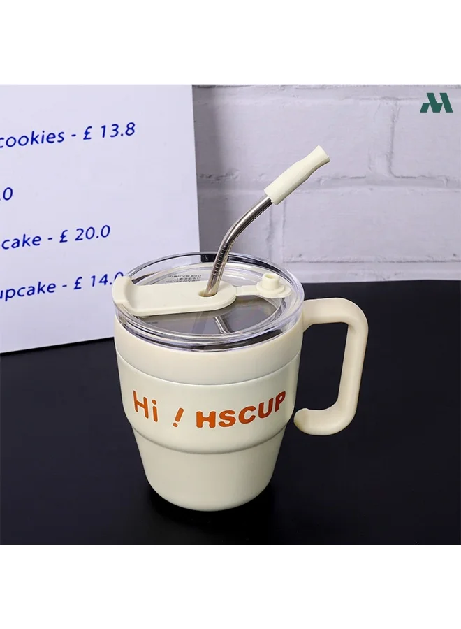 Mobcos White Coffee Mug 450ml Coffee Mug with Handle, 450ML Double-Wall Vacuum Travel Coffee Mug with Straw, Stainless Steel Insulated Tumbler Cup, Travel Coffee Cup Thermal Cup for Home and Office, White  | Best Price UAE