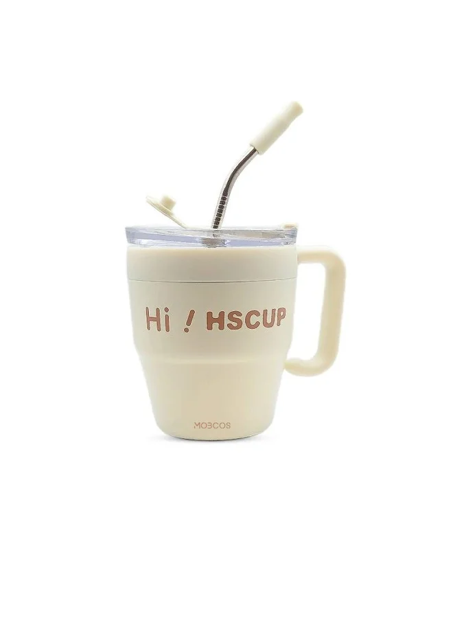 موبكوس كوب قهوة بمقبض، 450 مل، كوب قهوة للسفر بجدار مزدوج معزول بتفريغ الهواء مع شفاطة، كوب معزول من الفولاذ المقاوم للصدأ، كوب قهوة حراري للسفر للمنزل والمكتب، أبيض