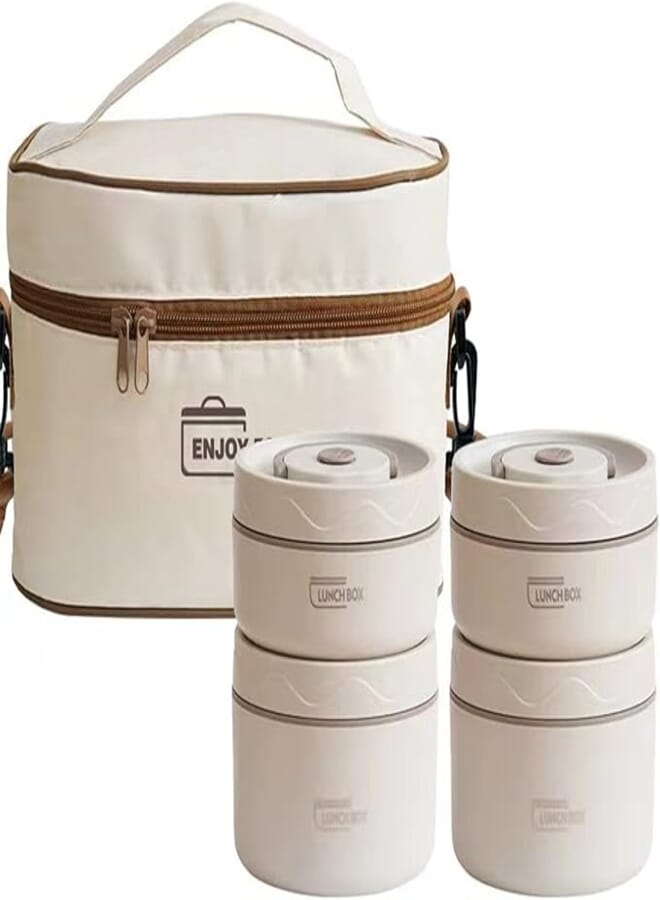 Microwavable Thermal Lunch Box, Portable Insulated Lunch Containers With Bag, Leakproof Stackable Stainless Steel Food Container For Adults, Kids, Set of 3 Tier Insulated Bento Boxes (beige-c-ae)