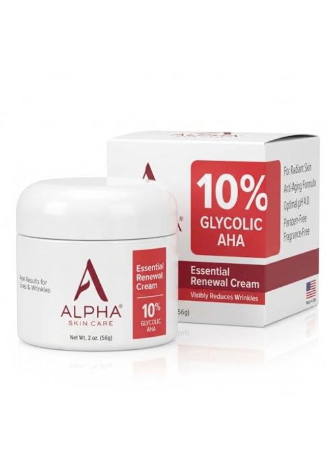 Alpha Skin Care Essential Renewal Cream 10 Glycolic AHA AntiAging Formula Reduces Lines Wrinkles Alpha Hydroxy Acid Exfoliates for Smoother Skin Normal Sensitive or Dry Skin 2 Oz - Image 1