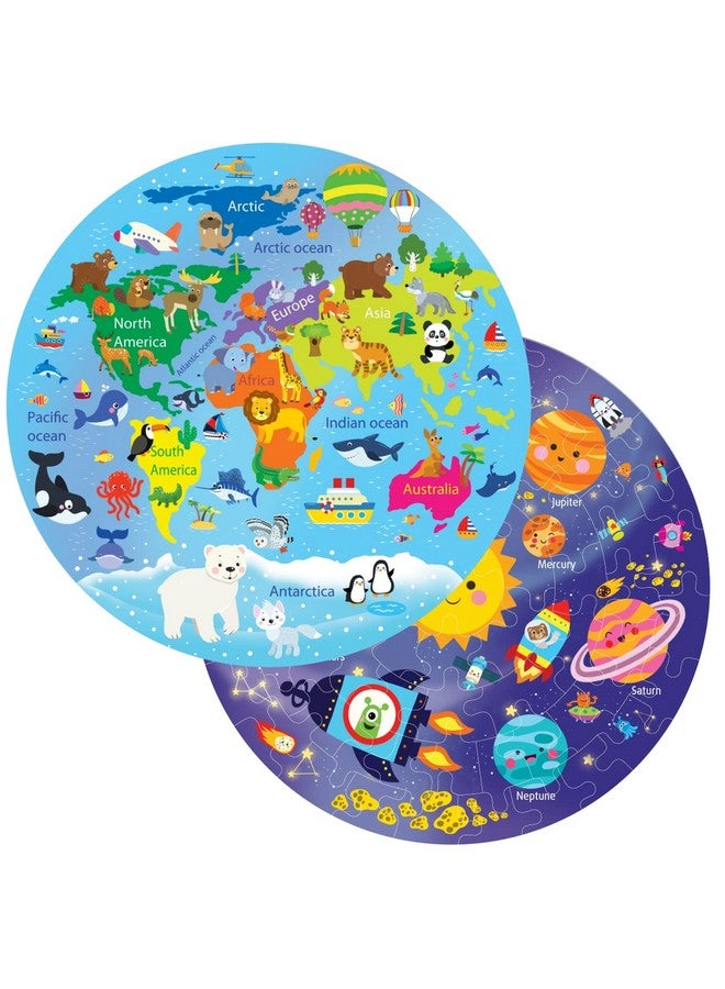 Fiddlys Fiddly's Creative Wooden Jigsaw Puzzle for Children 66 Pcs Pack of 2 (World Map & Solar System) - Image 1