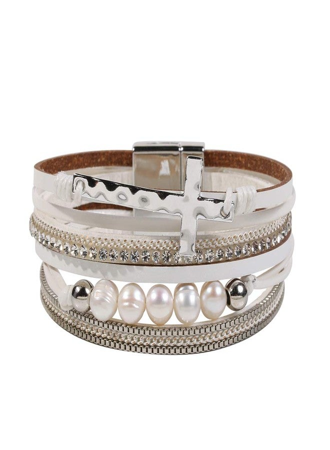 Vercret Leather Wrap Bracelet for Women Cross Bracelet for Women Stackable Bracelets Magnetic with Pearl White Wrap Bracelet for Women Lady Mum - Image 1