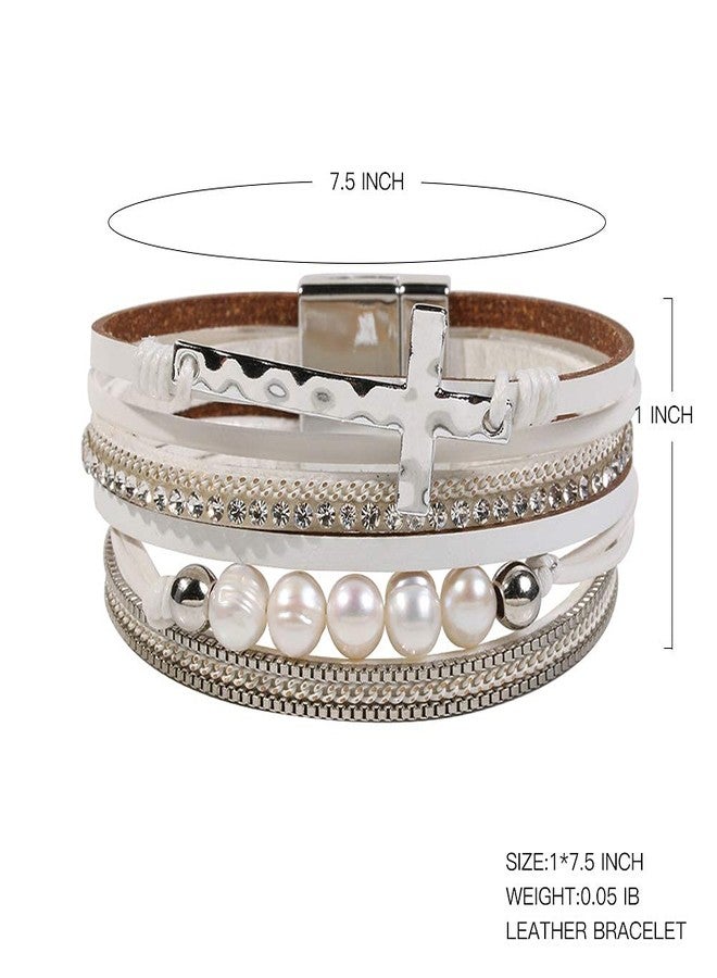 Vercret Leather Wrap Bracelet for Women Cross Bracelet for Women Stackable Bracelets Magnetic with Pearl White Wrap Bracelet for Women Lady Mum - Image 5