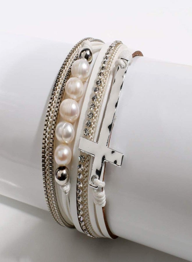 Vercret Leather Wrap Bracelet for Women Cross Bracelet for Women Stackable Bracelets Magnetic with Pearl White Wrap Bracelet for Women Lady Mum - Image 4