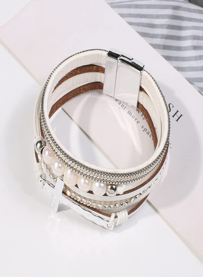 Vercret Leather Wrap Bracelet for Women Cross Bracelet for Women Stackable Bracelets Magnetic with Pearl White Wrap Bracelet for Women Lady Mum - Image 3