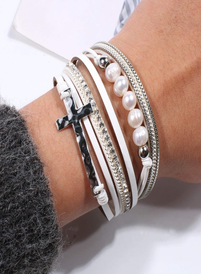 Vercret Leather Wrap Bracelet for Women Cross Bracelet for Women Stackable Bracelets Magnetic with Pearl White Wrap Bracelet for Women Lady Mum - Image 2