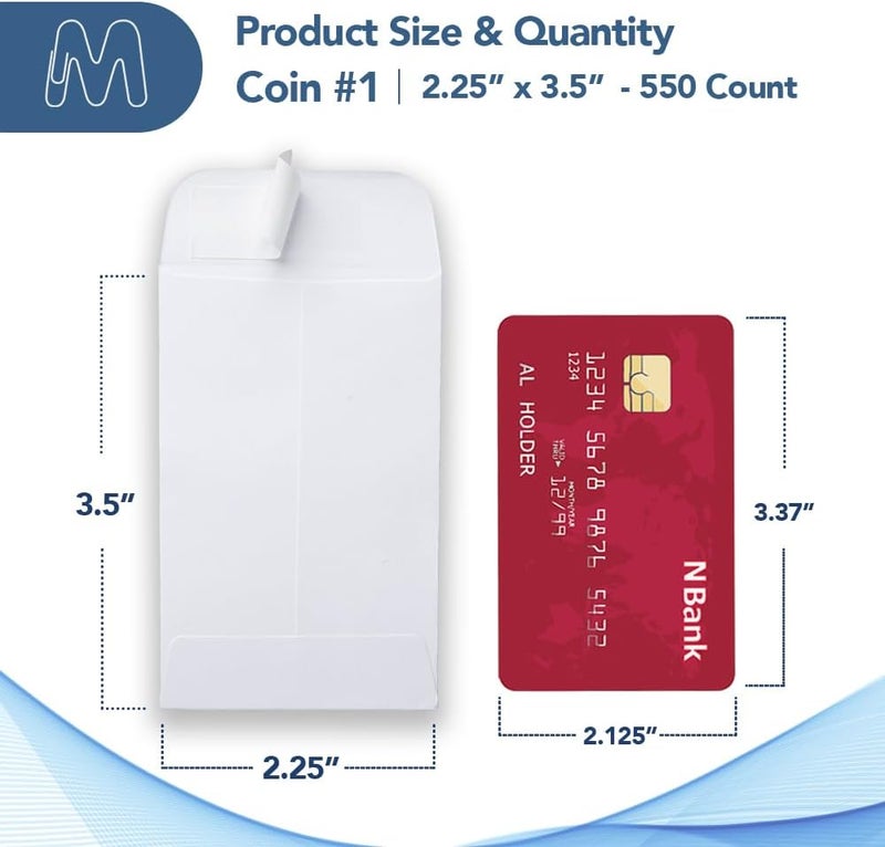 أظرف عملات بيضاء من MOS رقم 1 مقاس 2.25 × 3.5 بوصة عبوة 550 ظرفًا – أظرف صغيرة ذاتية الإغلاق للعملات المعدنية والبذور والأجزاء الصغيرة والمقتنيات والمجوهرات وتخزين الحرف اليدوية - Image 2