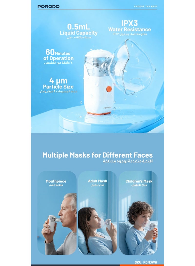 porodo LiveOn Portable Nebulizer / Rechargeable Mesh Nebulizer / Superfine 4μm Particle Atomizer / Adjustable Fogging / Anti-Leak Design / USB-C Charging Inhaler - White - Image 3