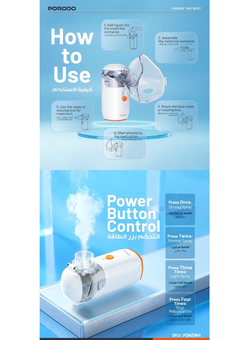 porodo LiveOn Portable Nebulizer / Rechargeable Mesh Nebulizer / Superfine 4μm Particle Atomizer / Adjustable Fogging / Anti-Leak Design / USB-C Charging Inhaler - White - Image 2