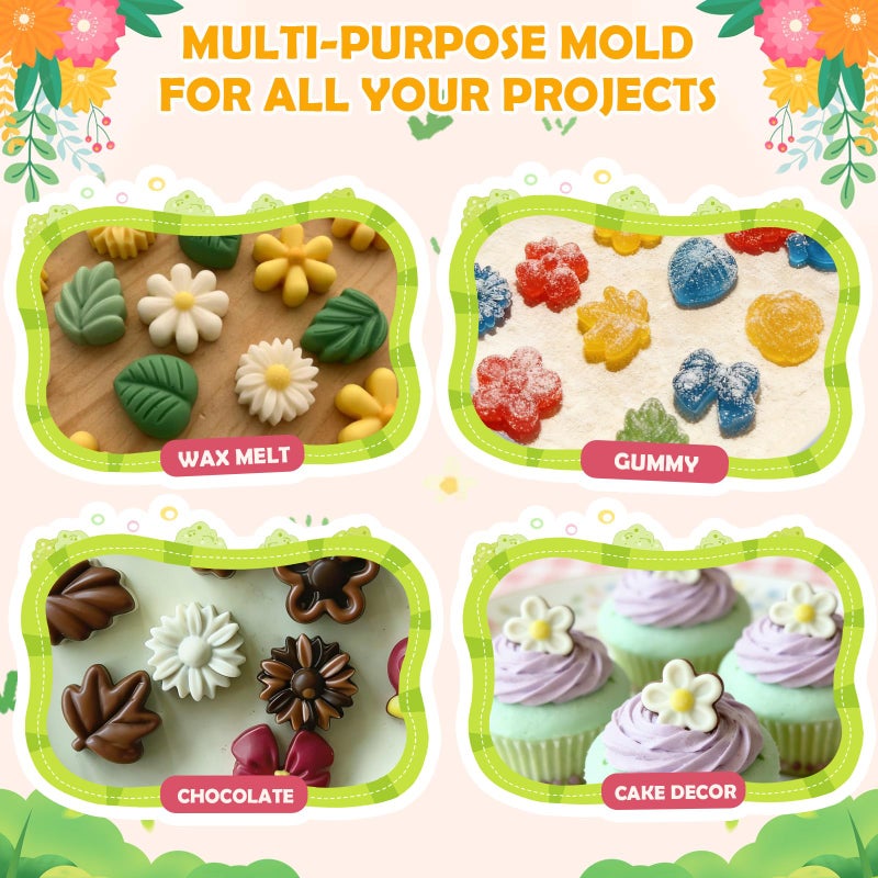 HKNMTT Flower Candy Molds Silicone, Small 9 Shapes Bite Size Chocolate Gummy Jello Gelatin Spring Cute Bow Rose Leaf Dessert Wax Melt Ice Cube Moulds Food Grade Treats Making Oven Safe Kids DIY Set - Image 5