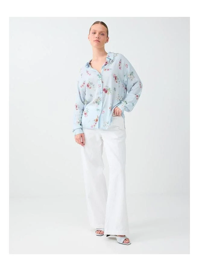 Jimmy Key Light Blue Floral Patterned Long Sleeve Viscose Shirt.