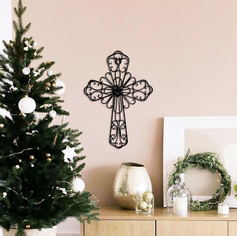 RELY+ + Black Wall Cross 14X10 Inch Living Room Décor Outdoor Crucifix Wall Décor Metal Wall Art Decorative Hanging Iron Wrought Wall Décor Crosses for Rustic Indoor Home Valentine's Day Decorations - Image 4
