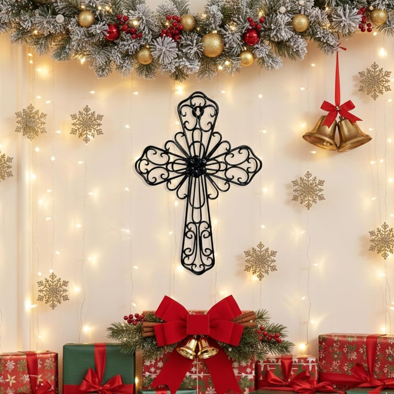 RELY+ + Black Wall Cross 14X10 Inch Living Room Décor Outdoor Crucifix Wall Décor Metal Wall Art Decorative Hanging Iron Wrought Wall Décor Crosses for Rustic Indoor Home Valentine's Day Decorations - Image 1