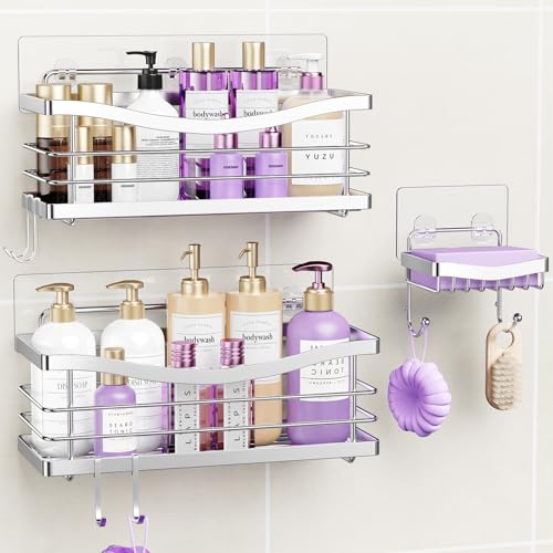 ODesign Shower Caddy 3 Pack-Shower Organizer Shelves Rack Rustproof SUS304 Stainless Steel for Bathroom Storage&Kitchen-No Drilling Adhesive Shower Caddy Shelf Dorm Room Essentials-Silver - Image 1
