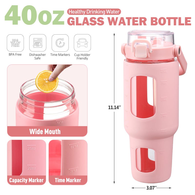 BLUEGO 40 oz Glass Water Bottles with Straw Time Marker  Glass Tumbler with Handle Top Lids  Easy to Clean  Fits in Car Cup Holder  Leakproof Jug for Gym  Sports  Workout & Daily  Pink - Image 1