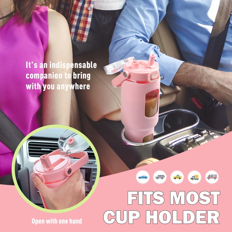 BLUEGO 40 oz Glass Water Bottles with Straw Time Marker  Glass Tumbler with Handle Top Lids  Easy to Clean  Fits in Car Cup Holder  Leakproof Jug for Gym  Sports  Workout & Daily  Pink - Image 4