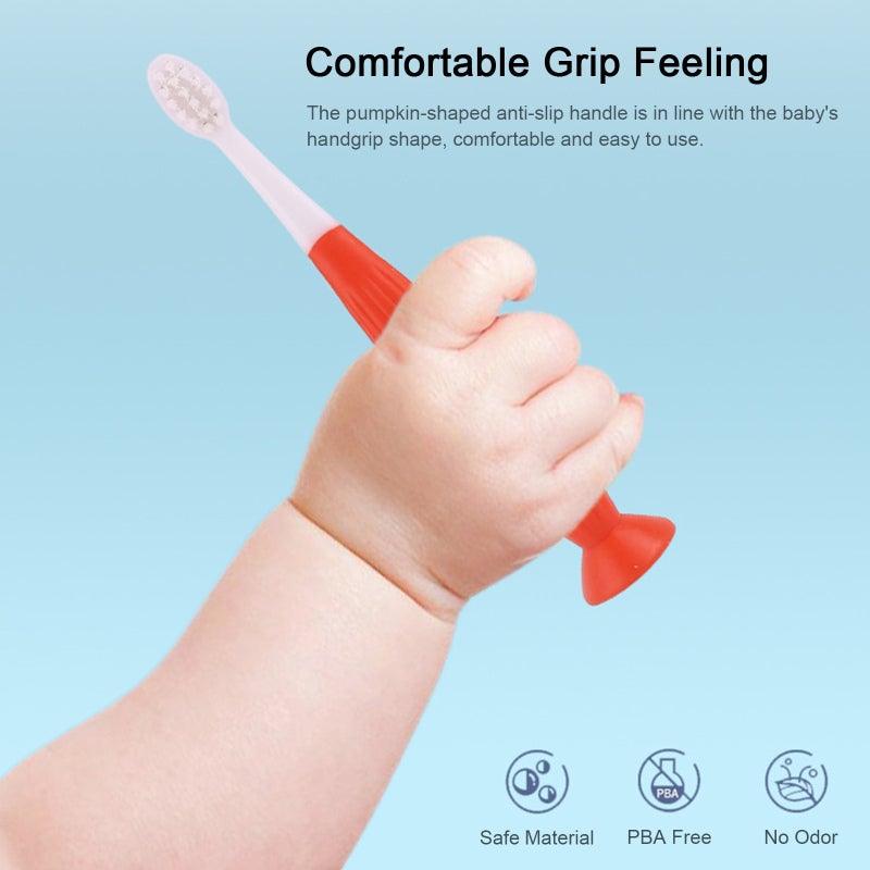 Kids Toothbrush: 6-12 Years, 0.12mm Fine Soft Bristles, Food Grade PP & TPE Material - Anti-Slip Pumpkin Handle, Mini Head, Suction Cup for Baby Tender Mouth - Image 3