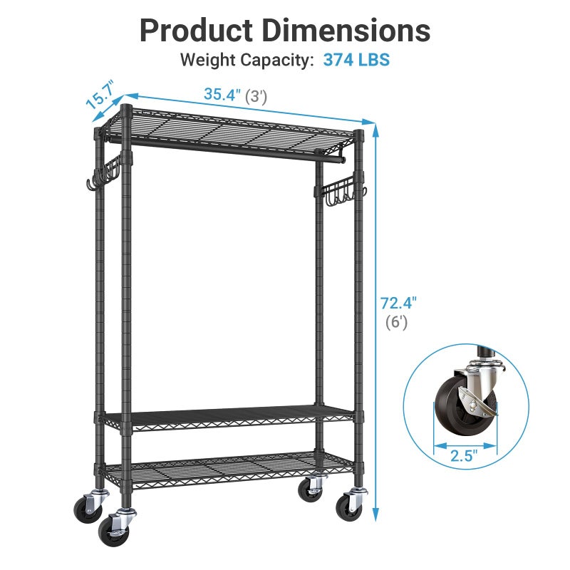 VIPEK R3 Heavy Duty Garment Rack with Lockable Wheels, Portable Rolling Closet with Adjustable Shelves & Hanging Rod & Side Hooks, Compact Space-Saving Storage for Small Apartments/Dorms (Black) - Image 5