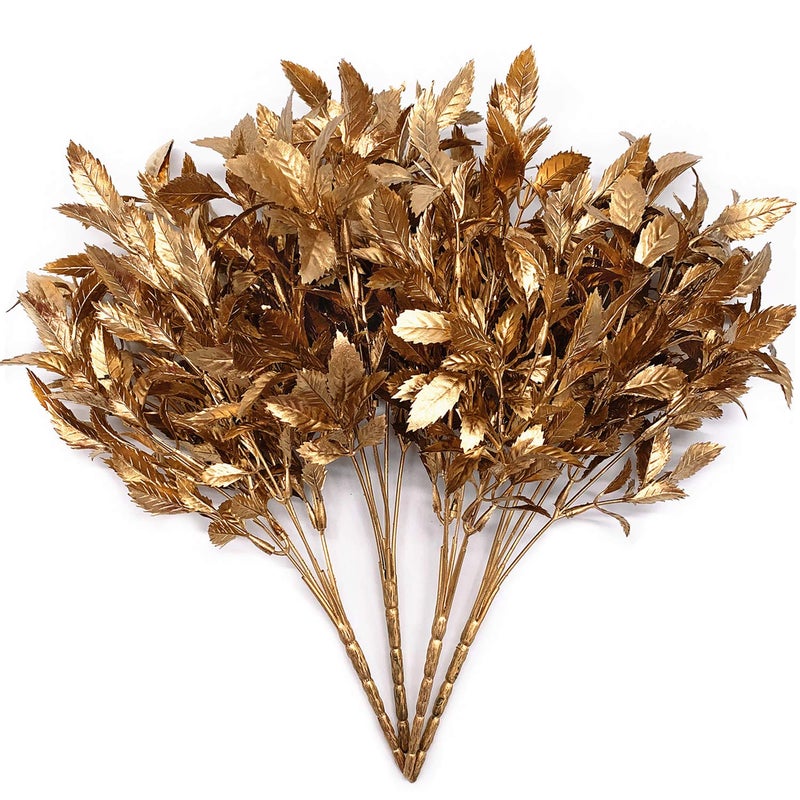 LOVENIMEN Artificial Golden Leaves Plants for Christmas Decoration Fake Plant Bush Grass Fern Bushes Faux Shrubs Greenery Indoor Outside Planter Vase Filler Festival Home Garden Decor  Gold 4 Pack