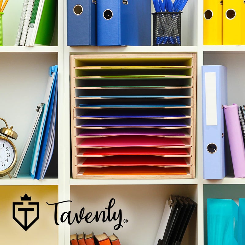 Tavenly Natural Wood Finish Paper Storage Organizer Cube - IMPROVED Perfect for Sizes 12 x 12-12 Tray File Box Organizer - Classroom & Office Desk Accessories - 12 Slot Paper Organizer for Desk - Image 5