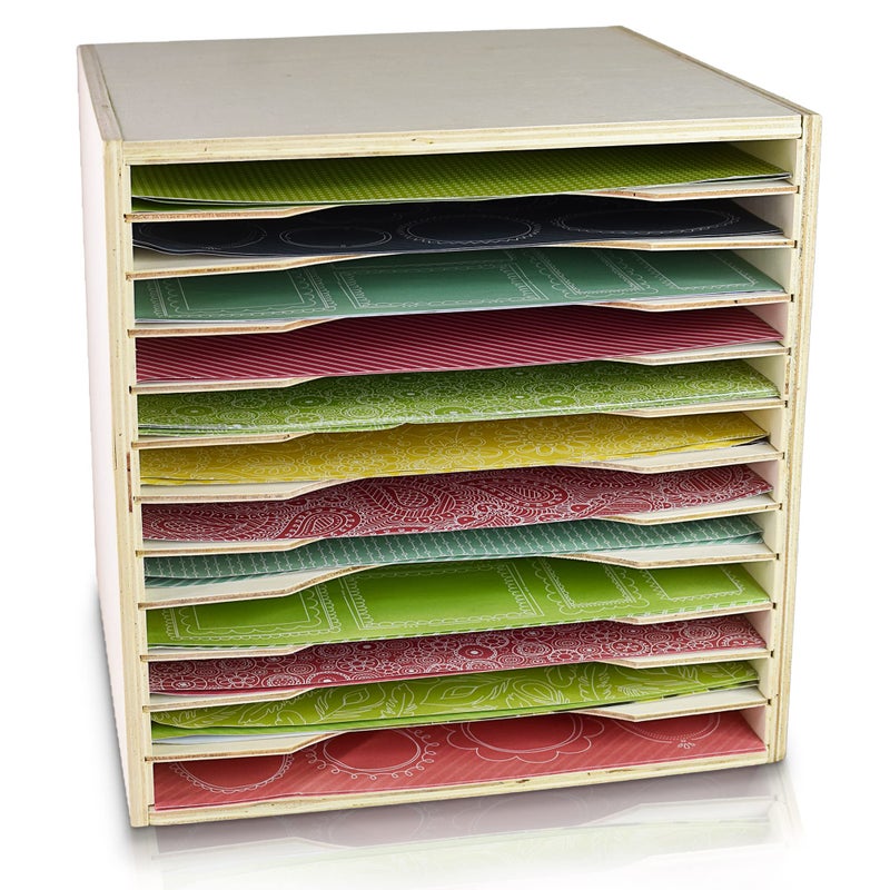 Tavenly Natural Wood Finish Paper Storage Organizer Cube - IMPROVED Perfect for Sizes 12 x 12-12 Tray File Box Organizer - Classroom & Office Desk Accessories - 12 Slot Paper Organizer for Desk - Image 1