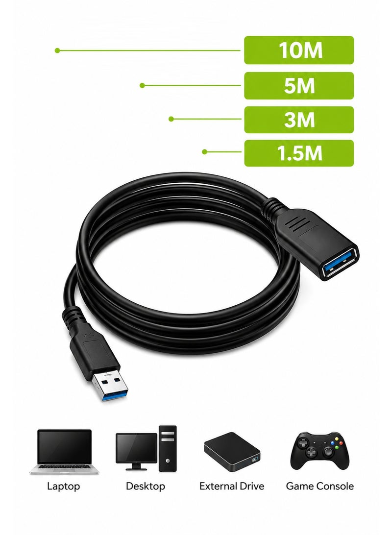 كابل تمديد USB ذكر إلى أنثى، نقل بيانات عالي السرعة ودعم الشحن، طول 1.5 متر ، 3 متر و 5متر و 10 متر - Image 1