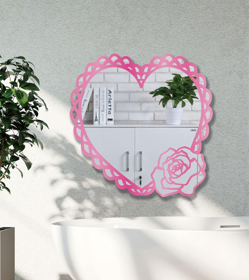HEUREKA Pink Color Heart Shape with Pink Rose Design Self Adhesive Wall Acrylic Mirror Sticker (25 CM x 25 CM) - Image 1