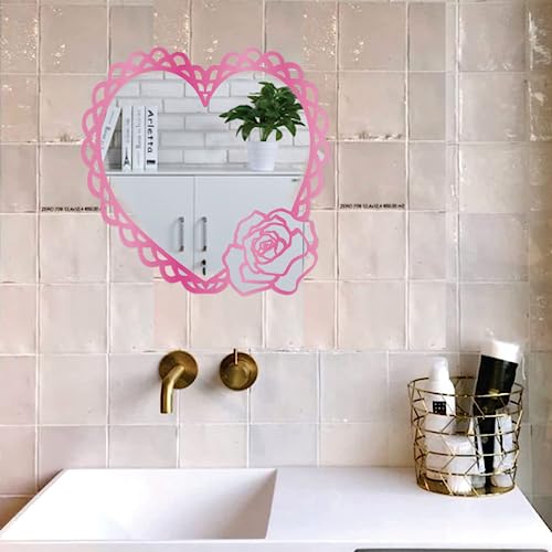 HEUREKA Pink Color Heart Shape with Pink Rose Design Self Adhesive Wall Acrylic Mirror Sticker (25 CM x 25 CM) - Image 5