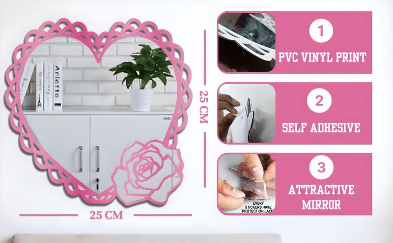HEUREKA Pink Color Heart Shape with Pink Rose Design Self Adhesive Wall Acrylic Mirror Sticker (25 CM x 25 CM) - Image 2