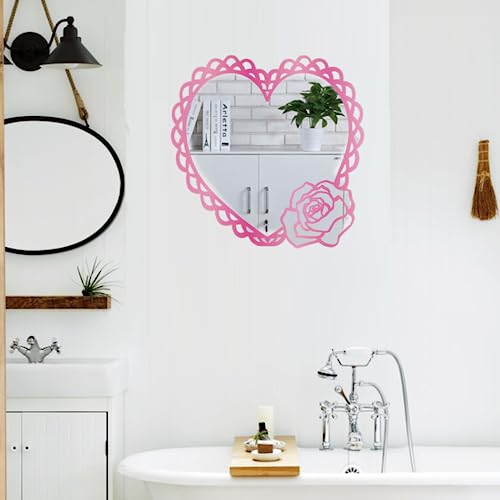 HEUREKA Pink Color Heart Shape with Pink Rose Design Self Adhesive Wall Acrylic Mirror Sticker (25 CM x 25 CM) - Image 3