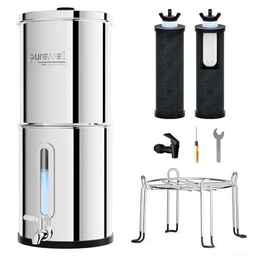 Purewell 2.25G Gravity Water Filter System with Water Level Window, 3-Stage 0.01μm Ultra-Filtration Stainless Steel Countertop System with 2 Filters and Stand, Reduce 99% Chlorine, PW-KS - Image 1