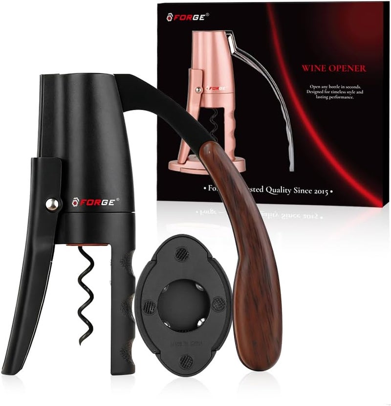 Forge Quality Compact Vertical Lever Corkscrew Wine Opener with Foil Cutter. 3 Seconds to Open a Bottle of Wine. Black. - Image 1