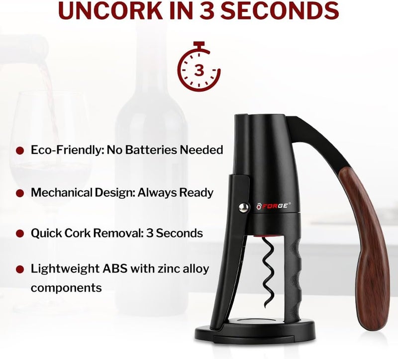 Forge Quality Compact Vertical Lever Corkscrew Wine Opener with Foil Cutter. 3 Seconds to Open a Bottle of Wine. Black. - Image 2