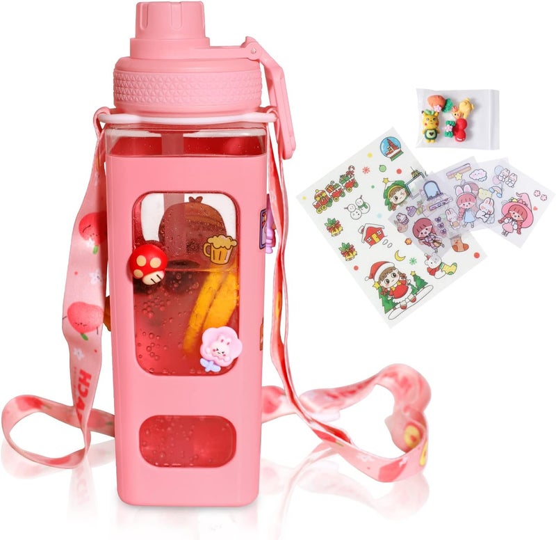 fufeisi Kawaii Water Bottle for Girls,Cute Kids Water Bottles with Straw,700ml Portable LeakProof Bottle With Adjustable Shoulder Strap for School - Image 1
