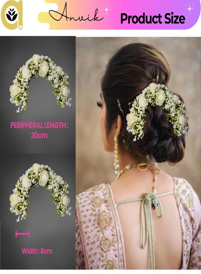 ANVIK Hair Accessories Fancy Party Bridal Wedding Fabric/Artificial Rose Flower Bun Juda Hair Gajra For Women's Flower Hair Accessory Veni For Hair For Bride (OFF WHITE) - Image 3