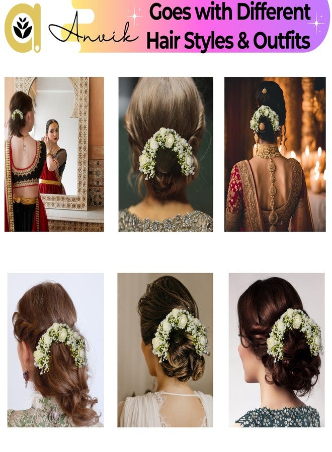 ANVIK Hair Accessories Fancy Party Bridal Wedding Fabric/Artificial Rose Flower Bun Juda Hair Gajra For Women's Flower Hair Accessory Veni For Hair For Bride (OFF WHITE) - Image 4