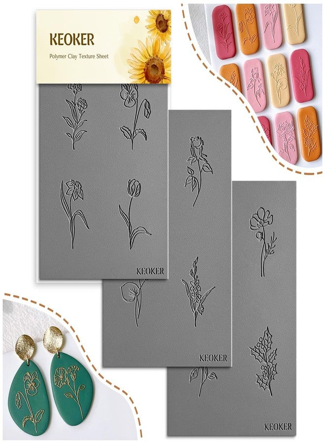 Keoker Polymer Clay Texture Sheets, Birth Month Flower Clay Texture Mat for Making Earrings Jewerly, Polymer Clay Earrings Tools, Floral Clay Texture Stamps - Image 1