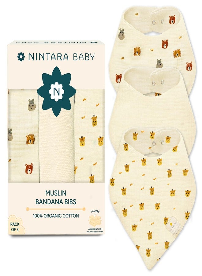 NINTARABABY Bandana Bibs - 100% Organic Muslin Cotton, 7-Layer Absorbent for Drooling, Teething & Feeding, Soft & Hypoallergenic, Adjustable Snap Buttons, Reversible, Baby Gift Ages 0-3, Pack of 3 - Image 1