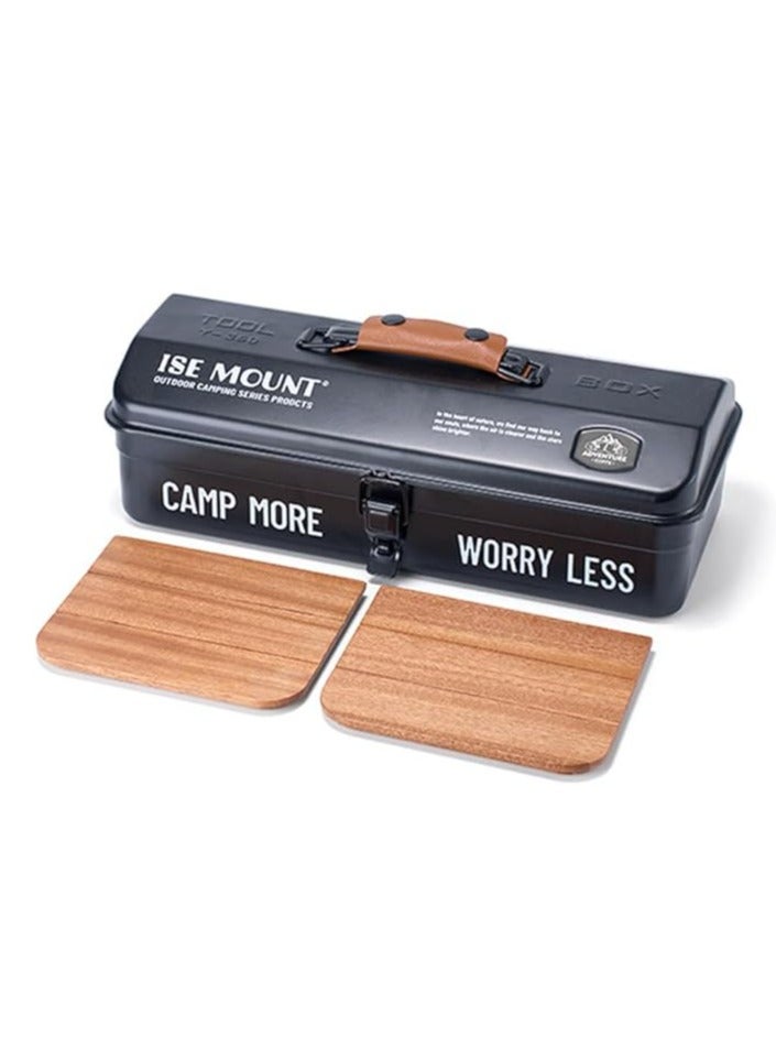Outdoor Tool Storage Box Portable Camping Picnic Suitcase Metal Tool Storage Box Sundries Storage Box with Handle (Black Tool Box Print + Handguard + Small Sticker + Wood Board + Lining)  - Image 1
