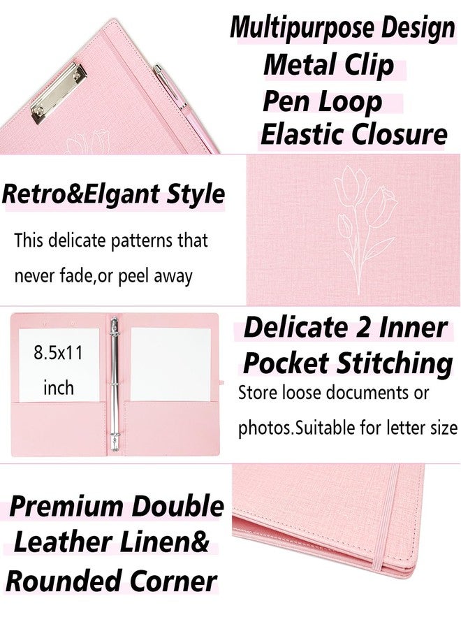 BVSSX 3 Ring Binder, 1 Inch Linen Binder Organizer for Letter Size (8.5" x 11") Paper with 5-Tabs Pockets Dividers, Leather Three Ring Binders with Clipboard, Plastic Folder, Pen Loop - Pink Tulips - Image 4