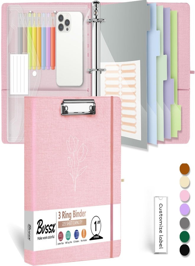 BVSSX 3 Ring Binder, 1 Inch Linen Binder Organizer for Letter Size (8.5" x 11") Paper with 5-Tabs Pockets Dividers, Leather Three Ring Binders with Clipboard, Plastic Folder, Pen Loop - Pink Tulips - Image 1