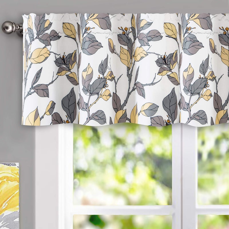 DriftAway Ryan Sketch Flower Floral Branch Leaves Lined Thermal Insulated Window Curtain Valance Rod Pocket 52 Inch by 14 Inch Plus 175 Inch Header Yellow Gray