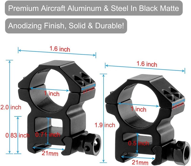 LONSEL 1'' Scope Rings, 2Pcs High Profile & 2Pcs Medium Profile 1 Inch Scope Mount Rings for Picatinny Rail - Pack of 4 - Image 5