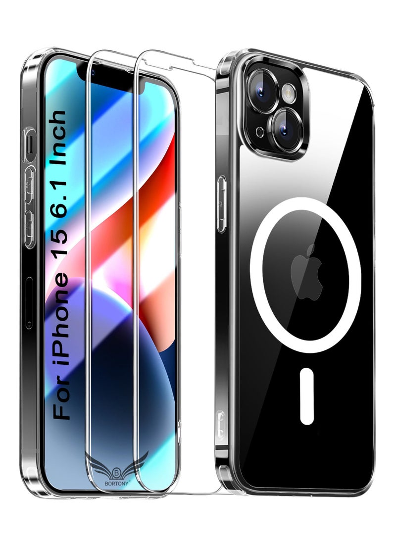 iPhone 15 Case Magsafe Case with 2 Screen Protectors Magnetic Cover Wireless Charging Shockproof Protective Bumper Cover Anti-Scratch Clear Back