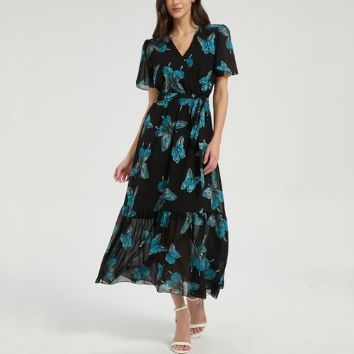 Max Hsuan Women's Summer Bohemian Floral Chiffon Dress Cap Sleeve V Neck Ruffle Long Flowy Boho Casual Vacation Dresses - Image 2