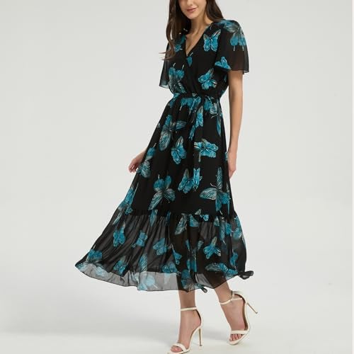 Max Hsuan Women's Summer Bohemian Floral Chiffon Dress Cap Sleeve V Neck Ruffle Long Flowy Boho Casual Vacation Dresses - Image 4