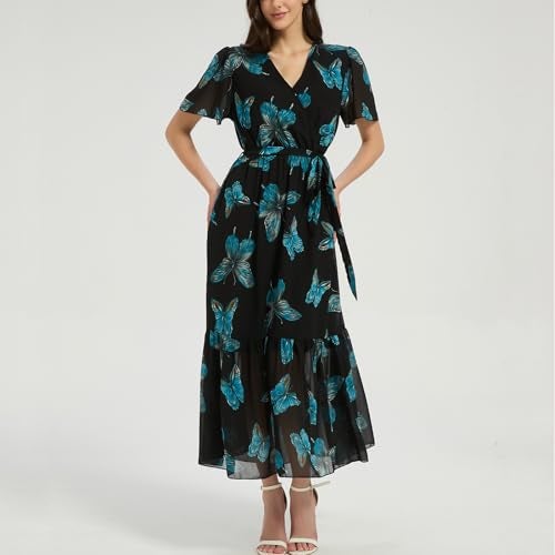 Max Hsuan Women's Summer Bohemian Floral Chiffon Dress Cap Sleeve V Neck Ruffle Long Flowy Boho Casual Vacation Dresses - Image 3